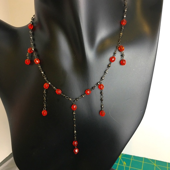 Jewelry - Gun Metal Red Faceted Crystal Glass Beads with Chain 3 Drop Earrings Set